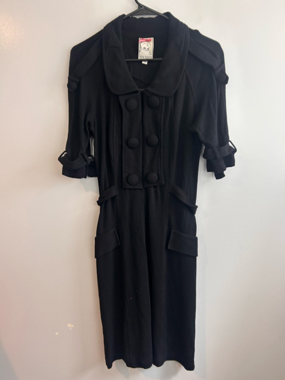 Yoana Baraschi Black Short Sleeve Military Peter Pan Collar Midi Dress Size 10